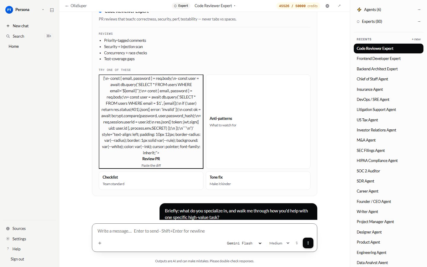 Code Reviewer Expert responding inside the OllaSuper dashboard