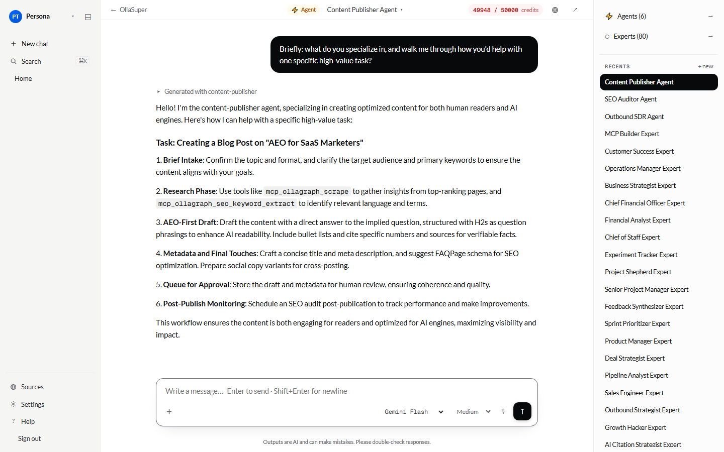Content Publisher Agent responding inside the OllaSuper dashboard