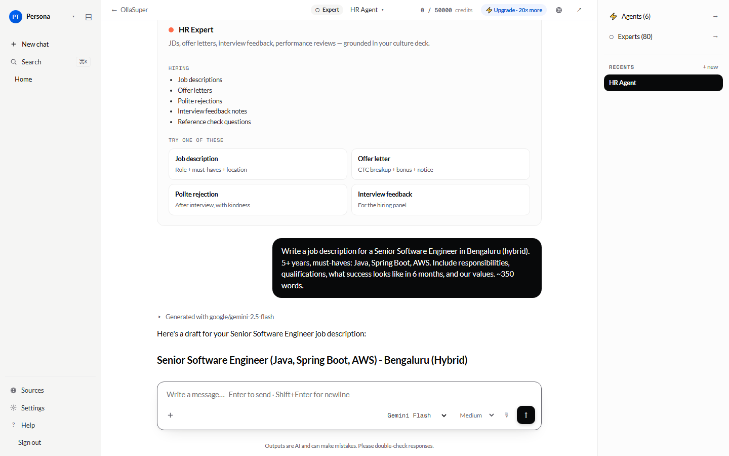 HR Expert Expert responding inside the OllaSuper dashboard