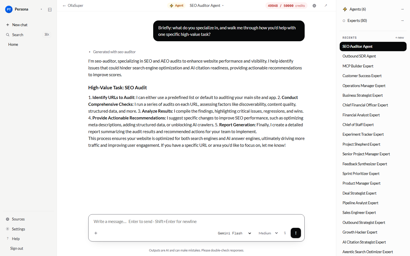 SEO Auditor Agent responding inside the OllaSuper dashboard
